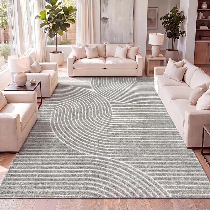JONATHAN Y Hallie High-Low Curve Gray/Ivory Indoor/Outdoor Area Rug, 10x14, Minimalist, Pet Friendly, Non-Shedding, Stain Resistant, Hose-Washable for Backyard, Patio, Porch (SCN100A-14)