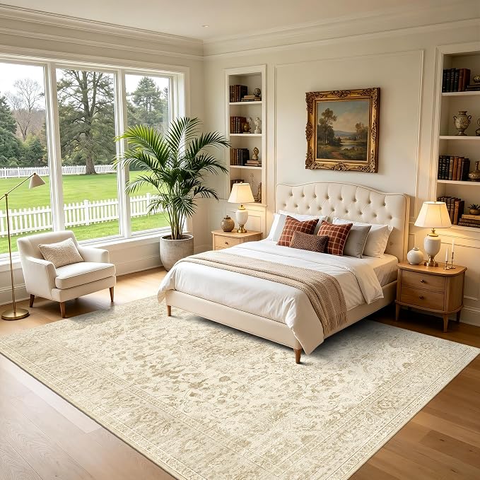 Beige 9x12 Area Rug, Neutral Vintage Boho Carpet for Bedroom | for Living Room and Dining Room, Low Pile Nursery Indoor Area Rug with Non-Slip Silicone Backing, Non-Shedding