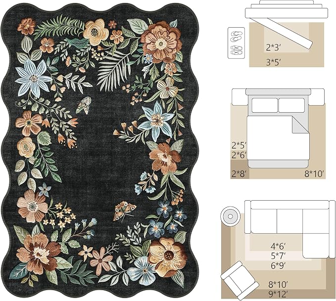 FMFUNCTEX 5x7 Washable Black Floral Vintage Flower Area Rug for Living Room | Colorful Traditional Boho Distressed Soft Non Slip Low Pile Large Indoor Thin Carpet Bedroom Dining Room Nursery, Black/Grey