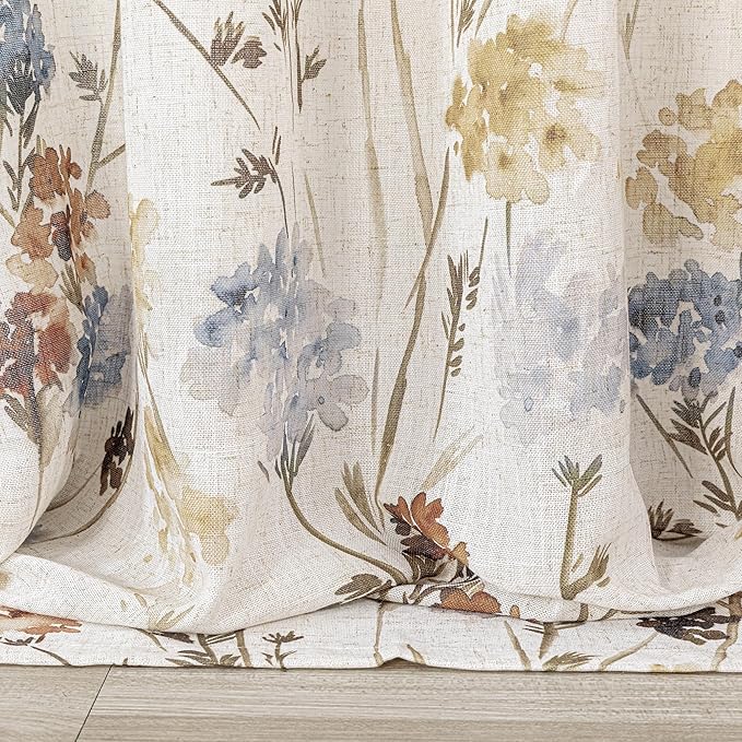 MYSKY HOME Floral Linen Curtains 84 inch Length 2 Panels Set Summer Flower Patterned Semi Sheer Light Filtering Privacy Farmhouse Grommet Drapes for Living/Dining Room, Yellow, W52 x L84, Pack-2