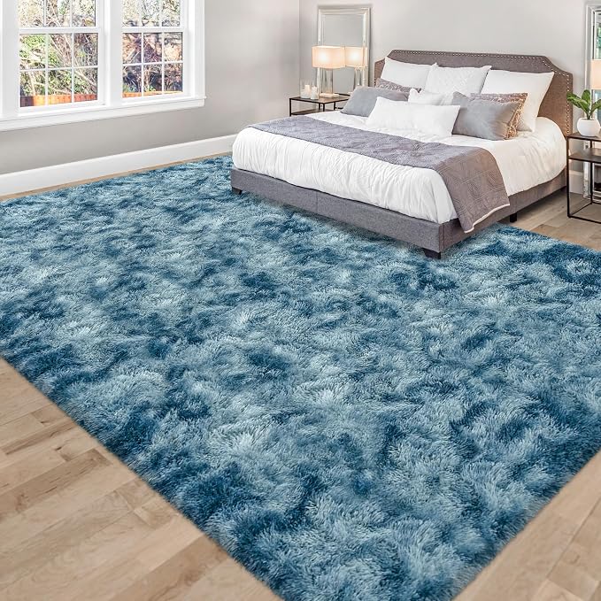 Modern Plush Shaggy 8x10 Large Rug for Living Room Tie Dyed Blue Fluffy Fuzzy Area Rug for Bedroom Aesthetic Big Shag Carpet for Nursery, Playroom, Kids Boys Girls Room
