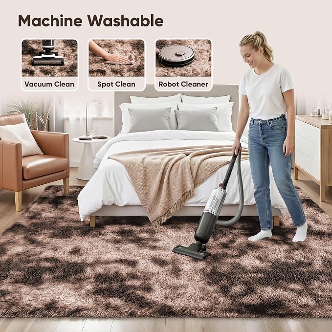 Area Rug for Living Room Bedroom: 6x9 Soft Fluffy Shag Upgrade Non-Slip High Pile Carpet Large Fuzzy Plush Indoor Floor Decor Shaggy Coffe Tie-Dyed Rug for Kid Boys Girls Playroom Nursery Modern Home