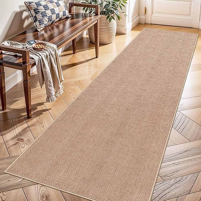 Jute 2x8 Runner Rug Hallway: Washable Faux Jute Non Slip Indoor Farmhouse | Durable Low Pile Carpet Secure Backing Narrow Floor Runners Entryway Kitchen Living Room Bedroom Textured Style (Beige,2x8)