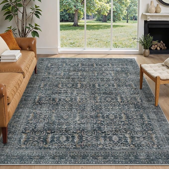 Collive Washable Area Rug 6x9, Large Vintgae Distressed Rugs for Living Room Soft Rugs for Bedroom, Non Slip Ultra-Thin Dining Room Floor Carpet for Entryway Kitchen Office - Blue/Grey