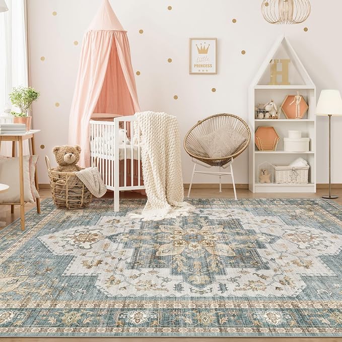 Tortania Area Rug Living Room Rugs - 8x10 Washable Boho Rug Vintage Oriental Distressed Farmhouse Large Thin Indoor Carpet for Living Room Bedroom Under Dining Table Home Office - Muted Teal