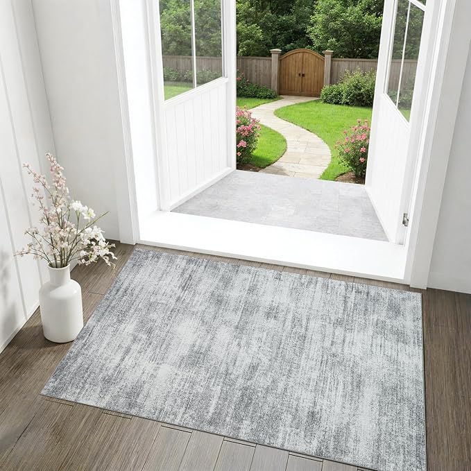BILEEHOME Light Gray Washable Bathroom Rug 2x3 Modern Soft Rugs for Entry | Grey Samll Carpet, Aesthetic Abstract, Low Pile Non Slip, for Under Bed Bedside Kitchen Laundry Room, Floor Protector 2 x 3
