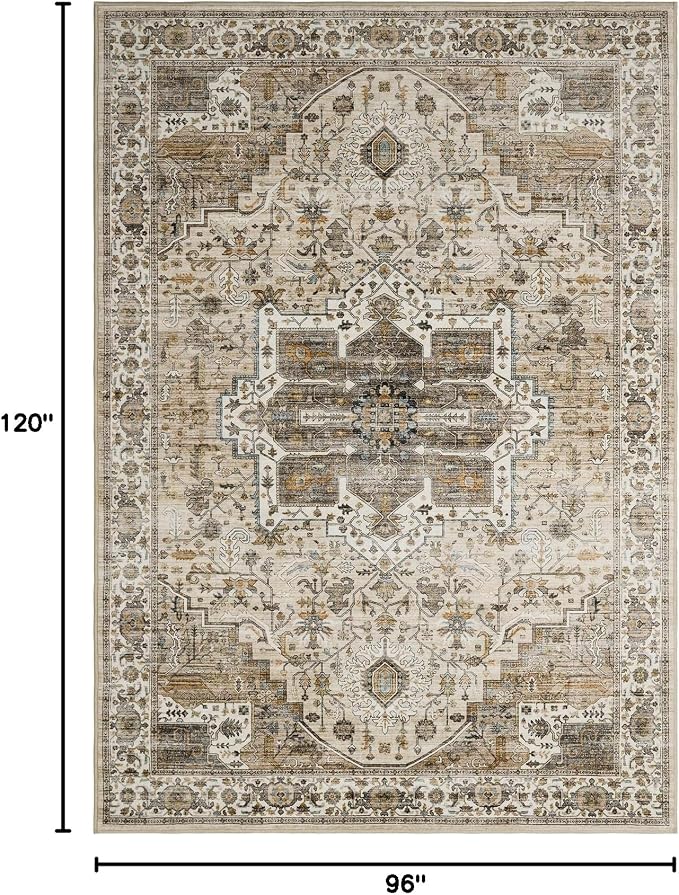 Roxstand 8x10 Washable Area Rugs, Non Slip Vintage Rug, Beige/Brown | Low Pile,Non-Slip Backing, Pet & Kid Friendly, Stain Resistant Rug for Living Room, Bedroom, Dining Room