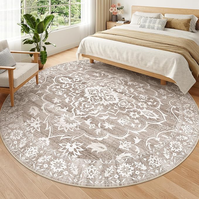 Soalmost Washable Round Rug 9ft for Living Room,Soft Circle Rug Light Brown | Vintage Floral Ultra-Thin Non-Slip 9x9 Round Throw Carpet for Nursery Bedroom Kitchen Dining Room 9'Round