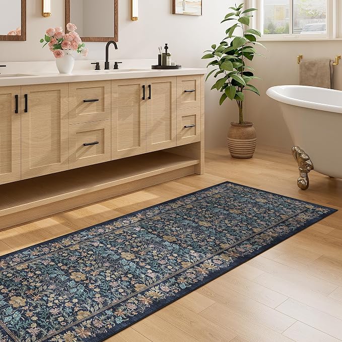 DUKINO 2.6x8 Runner Rug, Washable Vintage Floral Kitchen Rug, Dark Blue | Non Slip, Low Pile, Non-Shedding, Stain Resistant, Soft Throw Carpet Runner for Hallway Bathroom Laundry Entryway Farmhouse
