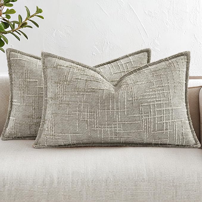 decorUhome Chenille Throw Pillow Covers 12x20 Set of 2,Light Brown | Soft Texture, Slubby Modern Design, Flange Edges, Cozy Lumbar Accent Pillow Covers for Couch, Sofa, Bed, Living Room