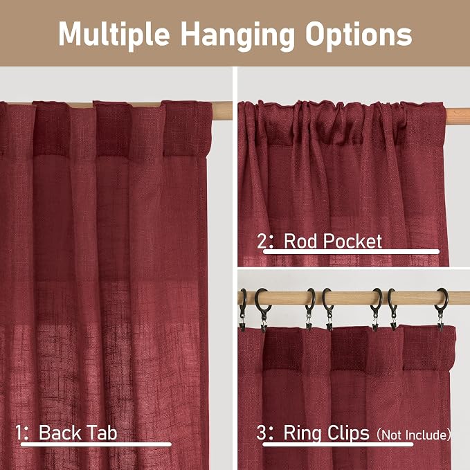 LAMIT Semi Sheer Linen Curtains 45 Inches Long, Light Filtering Panels Back Tab and Rod Pocket Christmas Decor Drapes for Farmhouse/Window/Bedroom, Burgundy Red, 2 Panels, 52 x 45 Inch