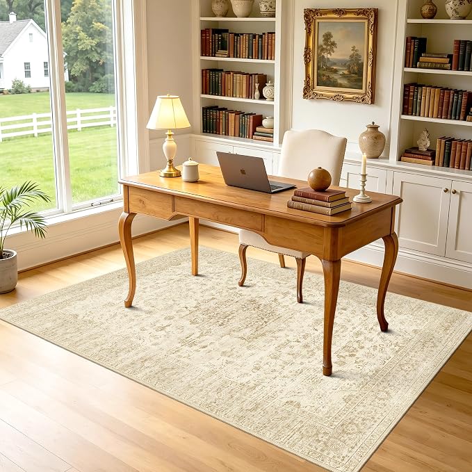 Neutral 4x6 Area Rug, Beige Vintage Boho Carpet for Bedroom,Thin | for Living Room and Nursery, Washable Low Pile Indoor Rug with Non-Slip Silicone Backing, Non-Shedding