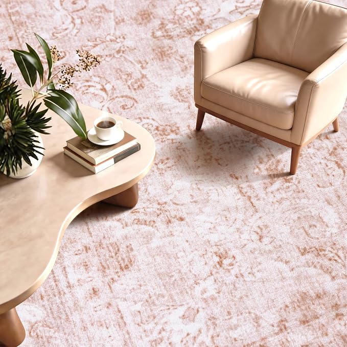 Pink Washable Rugs 5x7, Neutral Vintage Boho Carpet for Nursery | for Bedroom and Living Room, Low Pile Indoor Area Rug with Non-Slip Silicone Backing, Non-Shedding, Thin