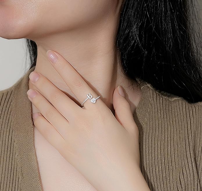 Step Forward 925 Sterling Silver Adjustable Initial Ring for Women | Non Tarnish Letter Rings for Lady | Alphabet Heart Thumb Rings | Capital Letter Jewelry Gifts