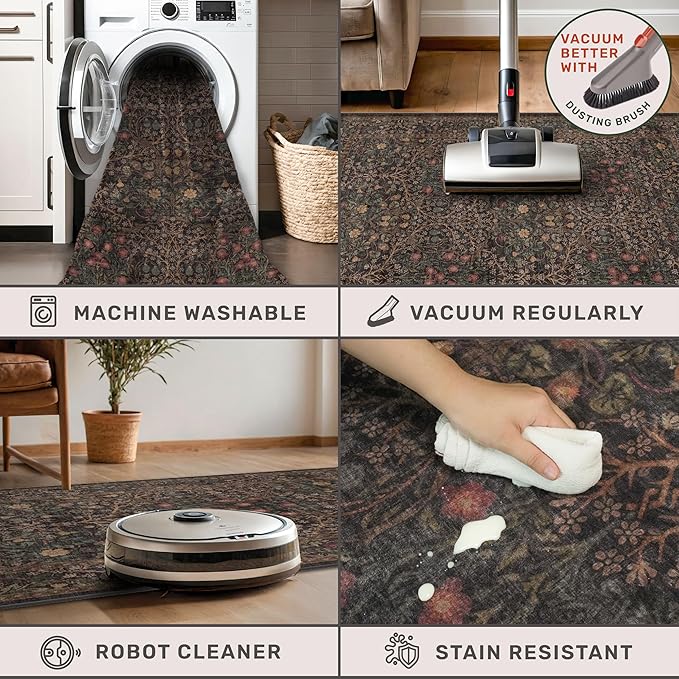 Dark Brown Washable 5x7 Area Rugs for Living Room, Entryway, Non-Slip Soft Rugs for Bedroom, Dining Room, Home Office, Black Brown Floral Vintage Cottage Indoor Carpet Décor, Low Pile Stain Resistant