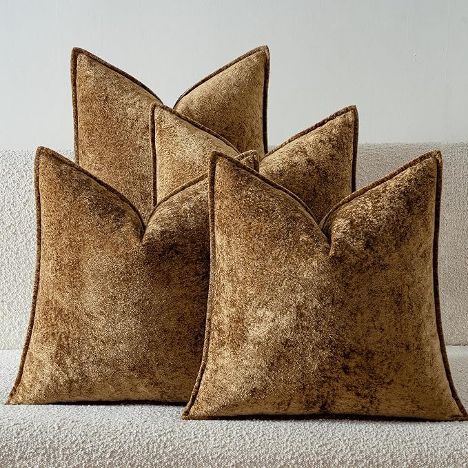a moment Throw Pillow Covers 24X24 Inch 4 Packs,Soft Velvet Decorative Pillow Cases with 3D Ice Flower,Texture Modern Accent Cushion Covers for Sofa Couch Home Decor Golden Brown
