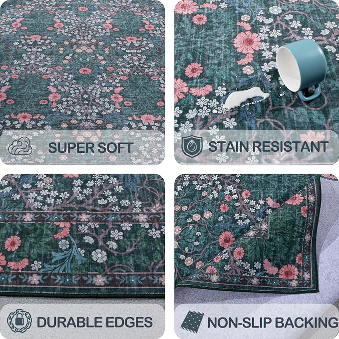 4x6 Area Rug for Bedroom Beside Rug, Laundry Room, Entryway, Kitchen, Washable Non-Slip Low Pile Ultra Soft Stain Resistant Carpet (Green)