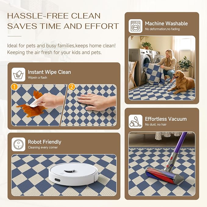 HUGEAR 6'x9' Outdoor Rug Blue Patio Checkered Waterproof Linen-Look Outside Floor Mat Carpet Area Rug for Deck Porch Balcony Backyard Camping RV Picnic Beach Home Decor