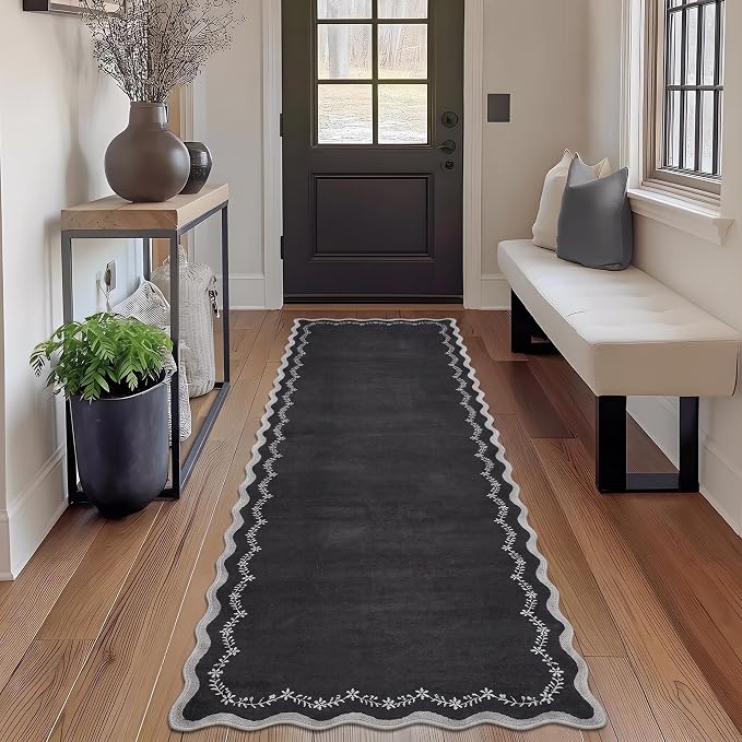 GarveeHome 2.5x8 Scalloped Washable Runner Rug Non Slip Hallway Kitchen Rug | Soft Long Hall Runner Black Entryway Rug Farmhouse Thin Laundry Mat Stain Resistant Carpet for Bathroom Beside Rug