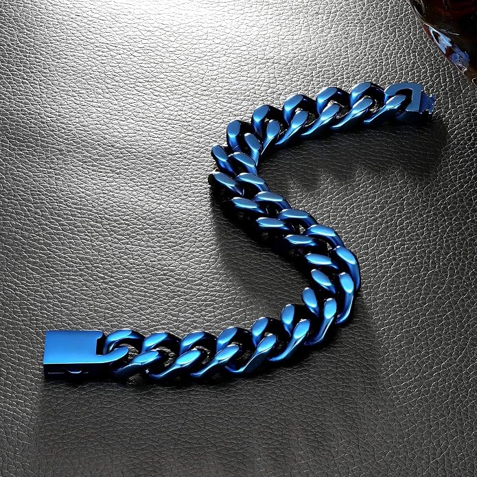 ROWIN&CO Stainless Steel Cuban Link Bracelet Width 15mm 18K Gold/Black/Blue/Rose Plated Curb Chain for Men Women Wrist Bracelets, 7.76-9.5 Inch Length Hip Hop Jewelry with Gift Box