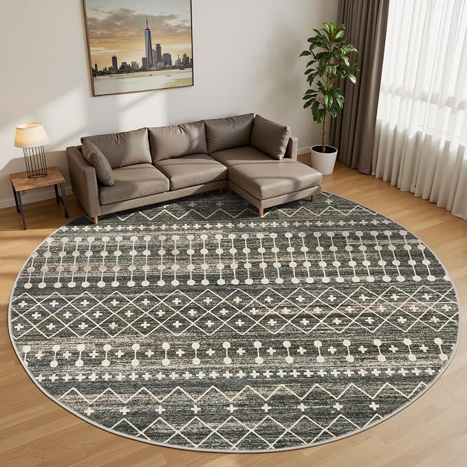 Miukiki Round Rugs 6ft for Living Room Moroccan Washable Circle Rug Non Slip Indoor Floor Carpet Foldable Area Rug for Dining Room with Low Pile(Black,6'x6')