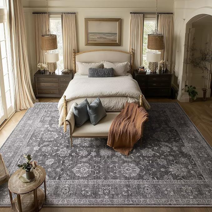 Boho Washable 8x10 Area Rugs for Living Room, Cushioned, Dark Grey | Vintage Non-slip Neutral Oriental Rugs for Bedroom Dining Room Nursery Office High Traffic Area