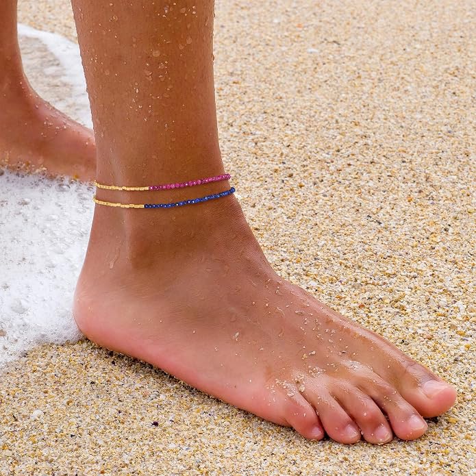 DREMMY STUDIOS Gold Anklet Bracelets for Women 14K Gold Plated Stone Handmade Beaded Link Chain Anklets Jewelry Gift