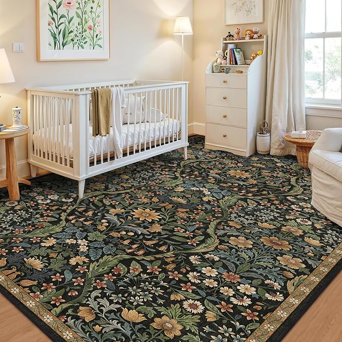 5×8 Area Rugs Black Brown Washable Floral Rug,Vintage Boho Soft Low-Pile Living Room Rugs, Stain Resistant Botanical Non-Slip Carpet for Bedroom,Dining Room, Kids Nursery,Home Decor