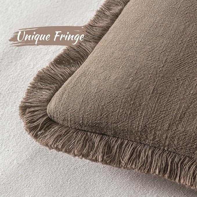 MIULEE Decorative Throw Pillow Covers Neutral Linen Fringe Throw Pillows Set of 2 Cocoa Brown Boho Farmhouse Cushion Covers for Couch Sofa Bed Living Room Fall Home Decor 16x16 Inch