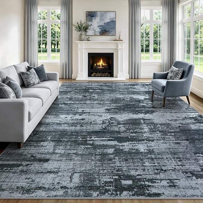 8x10 Area Rugs Living Room Rug Modern Abstract Neutral Washable Rugs Non Slip Soft Carpet Large Area Rug Low Pile Stain Resistant Non Shedding for Bedroom Nursery Dining Room Home Office Black