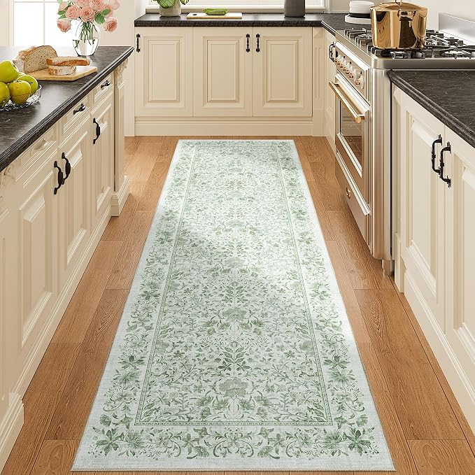 DUKINO 2x6 Runner Rug, Washable Vintage Floral Kitchen Rug, Sage Green | Non Slip, Low Pile, Stain Resistant Boho Soft Throw Carpet Runner for Hallway Bathroom Laundry Bedroom Entryway, Non-Shedding