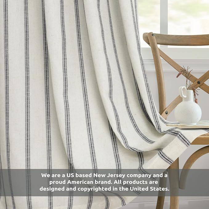 DriftAway Farmhouse Stripe Blackout Curtains, W52xL84, Black | Blackout, Linen Texture, Stripe Pattern, Rod Pocket & Back Tab, Two Layers, Bedroom Living Room Use, Sound Reducing Design