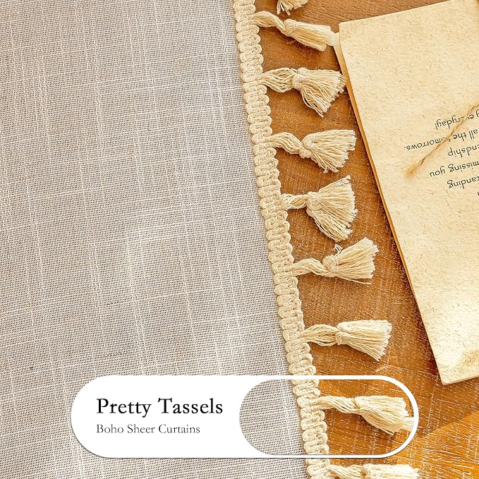 MYSKY HOME Boho Cream Curtains with Macrame 72 Inch Length, Semi Sheer Drapes for Living Room Privacy Protect Rustic Farmhouse Style Back Tab for Doorways, 50" x 72", Natural，2 Panels
