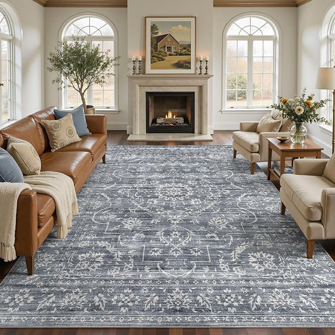 Nakagishi 6x9 Area Rugs Living Room: Washable Large Vintage Rug Neutral Non-Slip Soft Stain Resistant Indoor Carpet for Bedroom Nursery Dining Room Office Playroom - Retro Blue