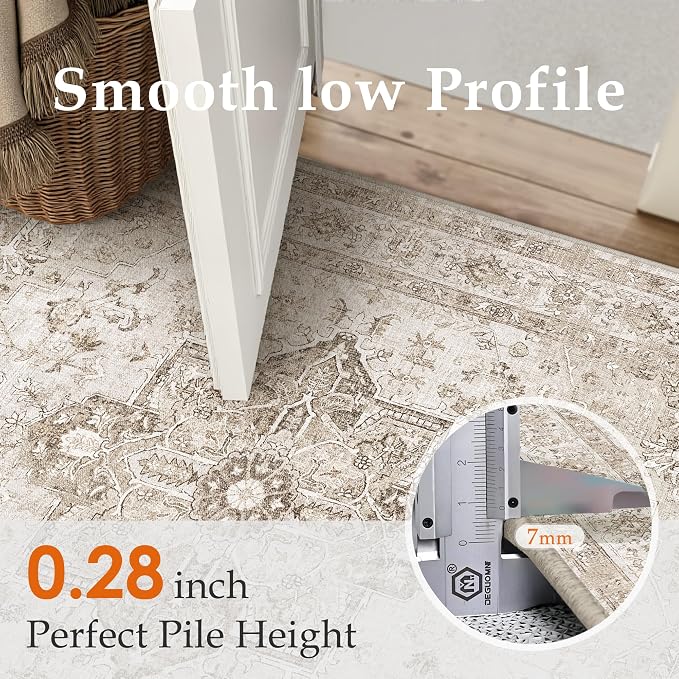 PureCozy Taupe Runner Rug 2x6 Hallway Kitchen Washable Vintage Carpet Non Slip Retro Distressed Low Pile Soft Oriental Medallion Thin Long Throw Rug for Entryway Bathroom Office Laundry Dining Room