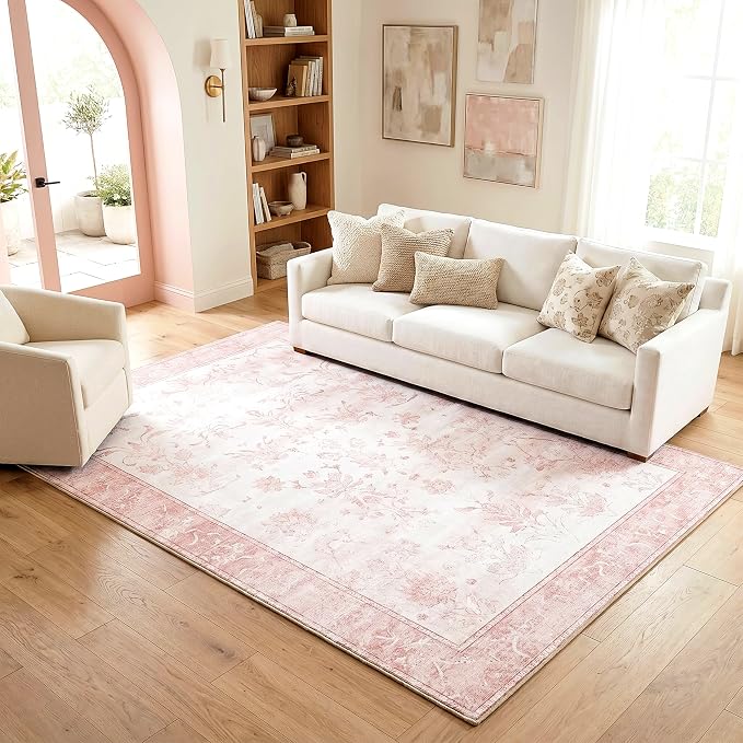 Washable Vintage Floral Area Rug, 0.3” Low Pile, Non-Slip Cotton-Backed Silicone Grip, Stain Resistant Soft Carpet for Nursery Girls Bedroom Playroom, 5'x7', Blush Pink/White