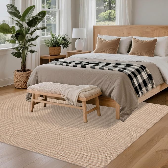 Easy Jute Rug for Pet Homes: 5x7 Outdoor Rug - Beige Stripes | Washable Design Cuts Your Cleaning Time by 75% and Maintain Shape and Texture after 50 Washes