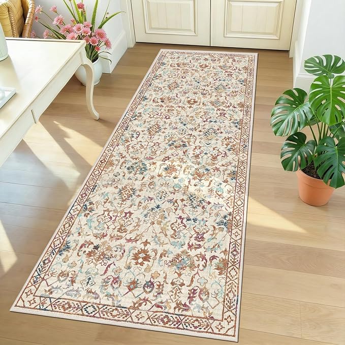 Beige Colorful 2x6 Runner Rug for Hallways Bed Side Kitchen, Boho Washable Low-Pile Floor Entryway Long Bathroom Mat, Non-Slip Laundry Room Washstand Front Carpet Green 24x72 Inch