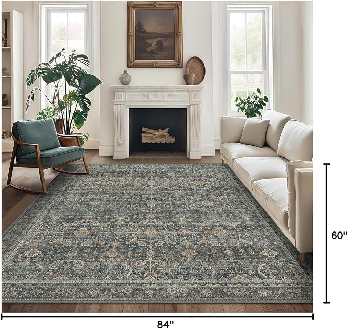 BESBLEE 5X7 Area Rugs Machine Washable Rugs for Living Room, Vintage Boho Large Rugs for Bedroom Dining Room, Non Slip Indoor Soft Distressed Lightweight Thin Low Pile Carpet, Deep