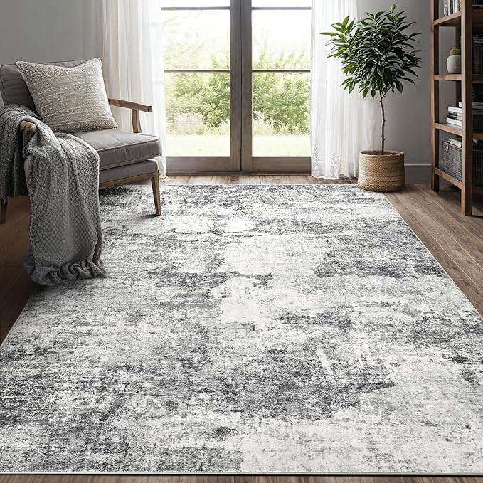 DMOYEST 5x7 Area Rug - Washable & Non Slip Indoor Rug for Living Room, Kid & Pet Friendly Abstract Low Pile Soft Carpet for Bedroom and Dining Room - Grey
