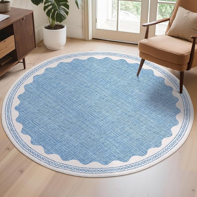6ft Scalloped Round Rug Blue Washable Living Room Bedroom Area Rugs | Small Solid Rug for Bedroom Girls, Non Slip Scalloped Round Bath Mat, Soft Dorm Nursery Carpet for Bedside