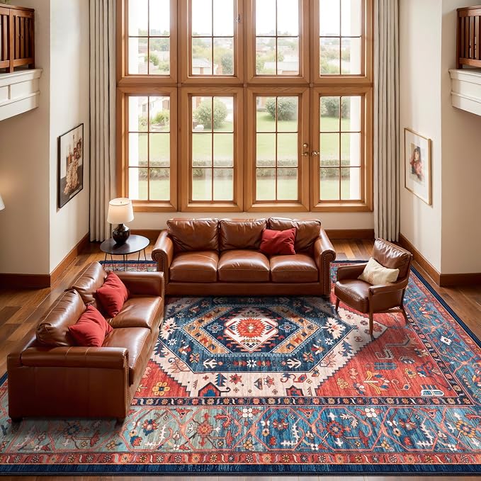 SERISSA 10x12 Area Rugs for Living Room, Large Washable Non-Slip Boho Rug, Ultra Soft Vintage Rust Oriental Tribal Print Distressed Carpet for Dining Room Bedroom Office Home Decor