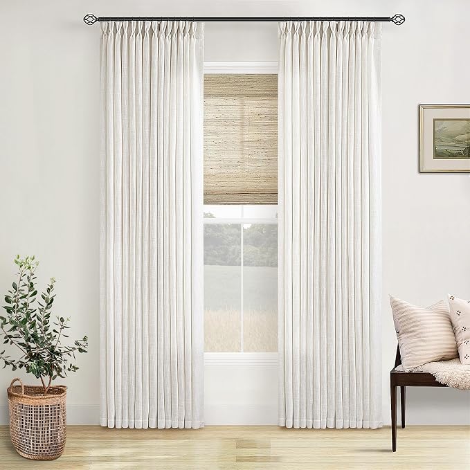 Natural Pinch Pleated Linen Semi Sheer Curtains 78 Inches Long 2 Panels | Memory Training Shaped, for Living Room Bedroom Cabin Closet, 400GSM Linen Textured, Pinch Pleat with Hooks Rings Back Tab