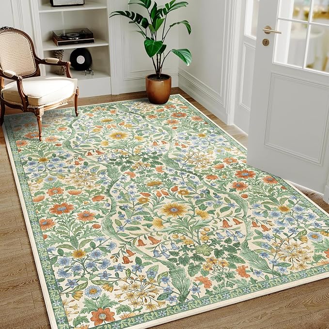 3x5 Grass Green Boho Floral Vintage Area Rug,Soft Lightweight Low Pile Non-Shedding Carpet,Machine Washable Stain Resistant & Non-Slip for Entryway,Bedroom, Kids Room,Living Room