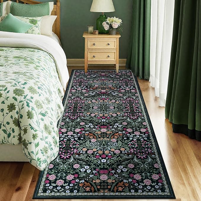 Runner Rug for Entryway: 2x5 Kitchen Rugs Non Slip Washable Ultra-Thin Soft Floral Carpet Indoor Floor Stain Resistant Carpets for Hallway Bedroom Kitchen Laundry Bathroom Dorm Dark Green