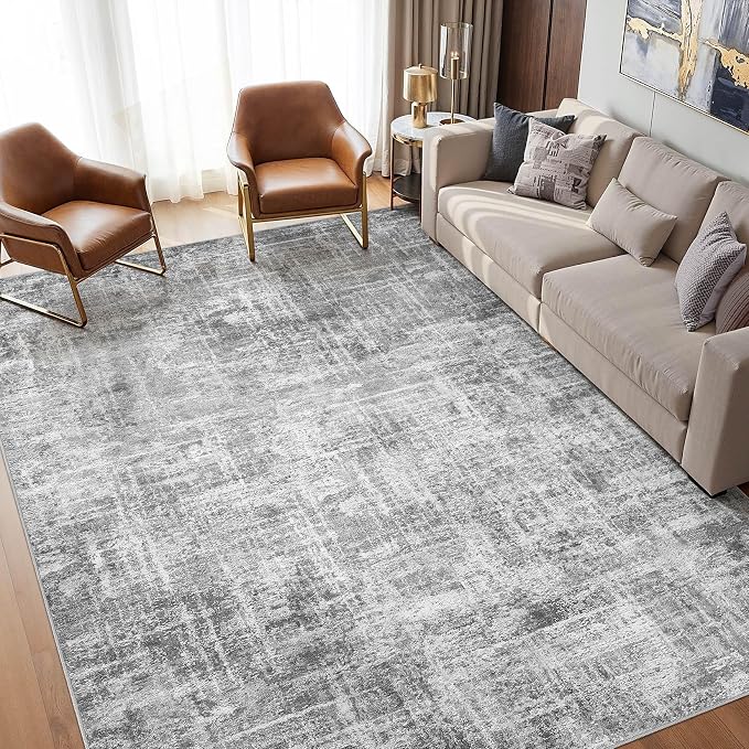 Washable 5x7 Area Rug for Living Room - Modern Abstract Carpet with Non-Slip Backing, Low Pile & Soft, Stain Resistant, Kid & Pet Friendly Decor for Bedroom & Dining Room - Black Grey