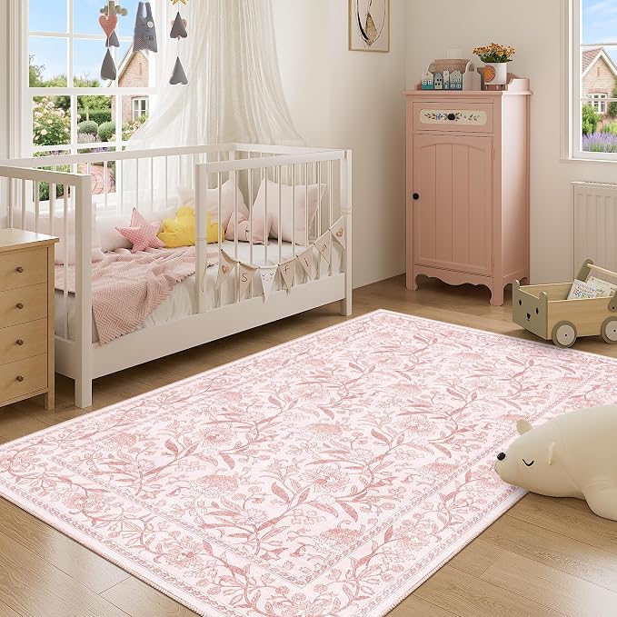 DUKINO 4x6 Area Rug, Washable Vintage Floral Rug for Living Room Light Pink | Non Slip, Low Pile, Stain Resistant Boho Lightweight Soft Indoor Carpet for Bedroom Office Dining Room Entryway Farmhouse