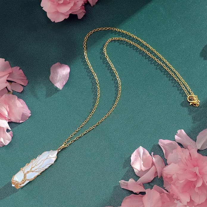 VIBILIA Healing Crystal Necklace Tree of Life Wire Wrapped Natural Stone Point Pendant Necklace Hexagonal Reiki Spiritual Quartz Gemstone Jewelry for Women Men