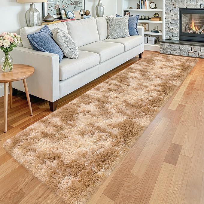 2x10 Feet Beige Fluffy Runner Rug for Bedroom, Soft Plush Shag Carpet Non Slip Washable Long Rug for Hallway Nursery Dorm Living Room, Fuzzy Bedside Rug for Kids Girls Room Decor