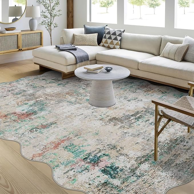 ROYHOME Modern Abstract Scalloped Area Rug 10x13 Non Slip Non Shedding Rug Low Pile Stain Resistant for Bedroom Living Room,Colorful